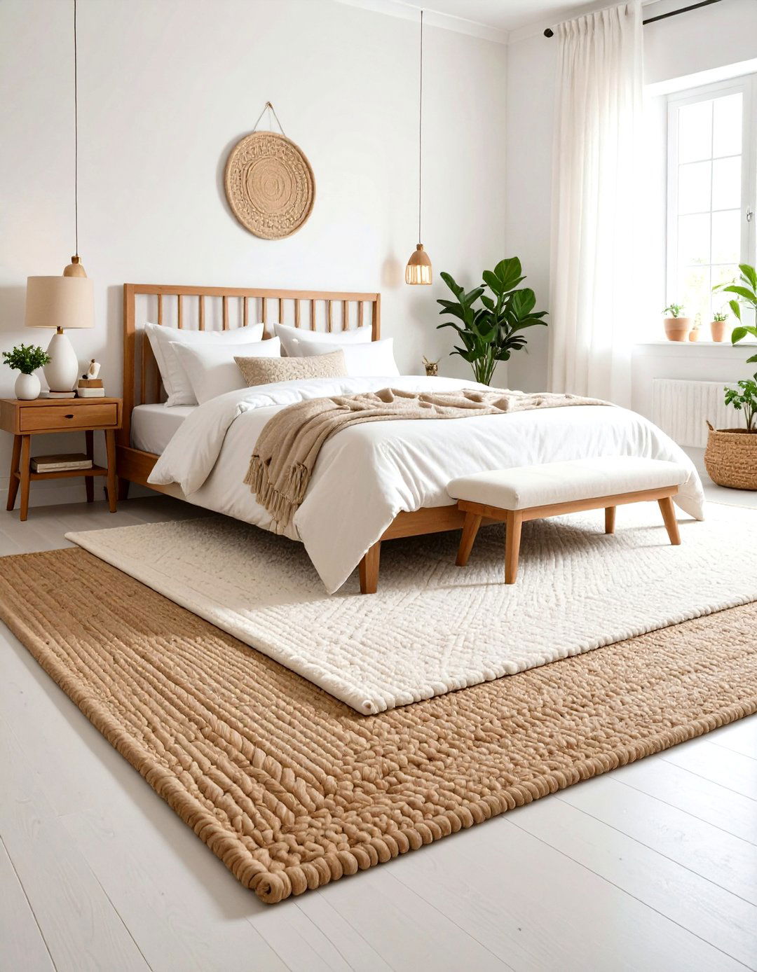 Neutral Rug Layered White and Cream Bedroom Floors - 20 White and Cream Bedroom Ideas