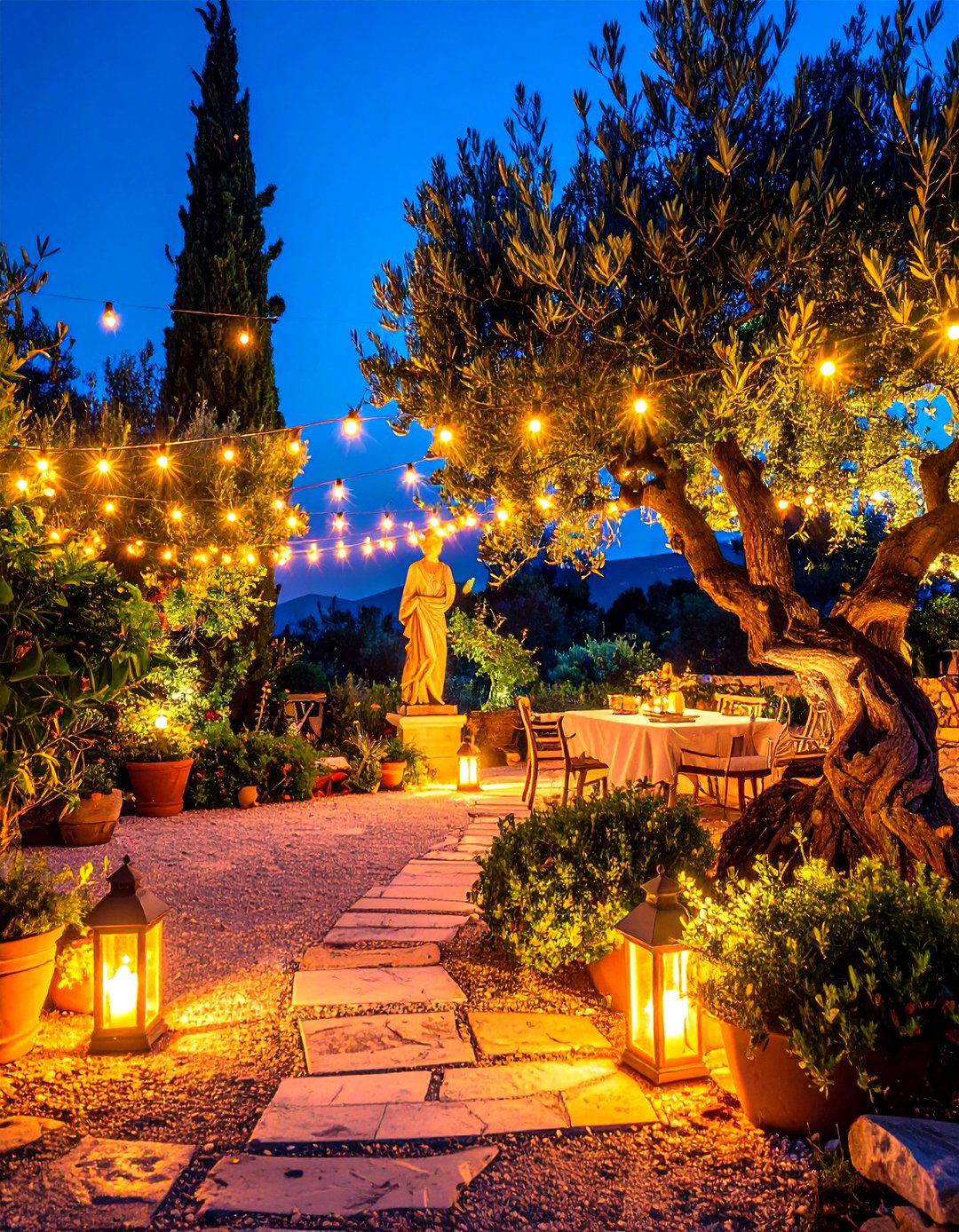 Night Lit Greek Garden Ambiance - 20 Greek Garden Ideas