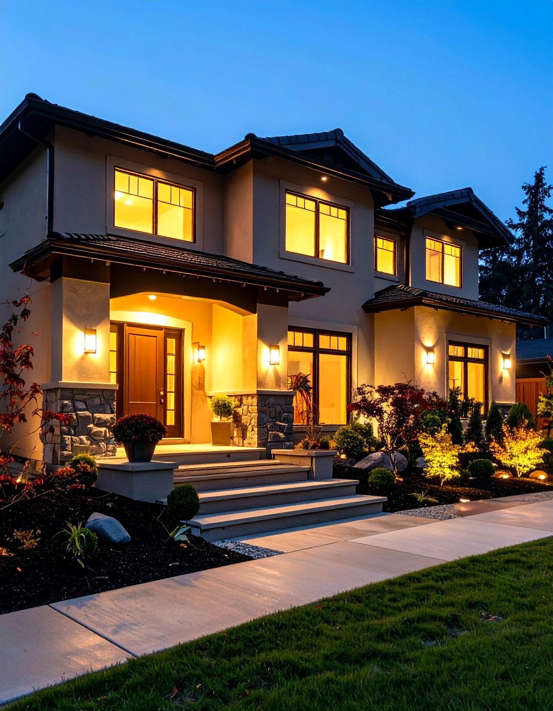 Night Ready Black Stucco and Strategic Lighting - 20 Black Stucco House Ideas