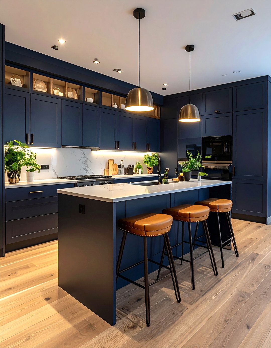 Night Sky Cabinets and Caramel Leather Stool Kitchen - 20 Black and Brown Kitchen Ideas