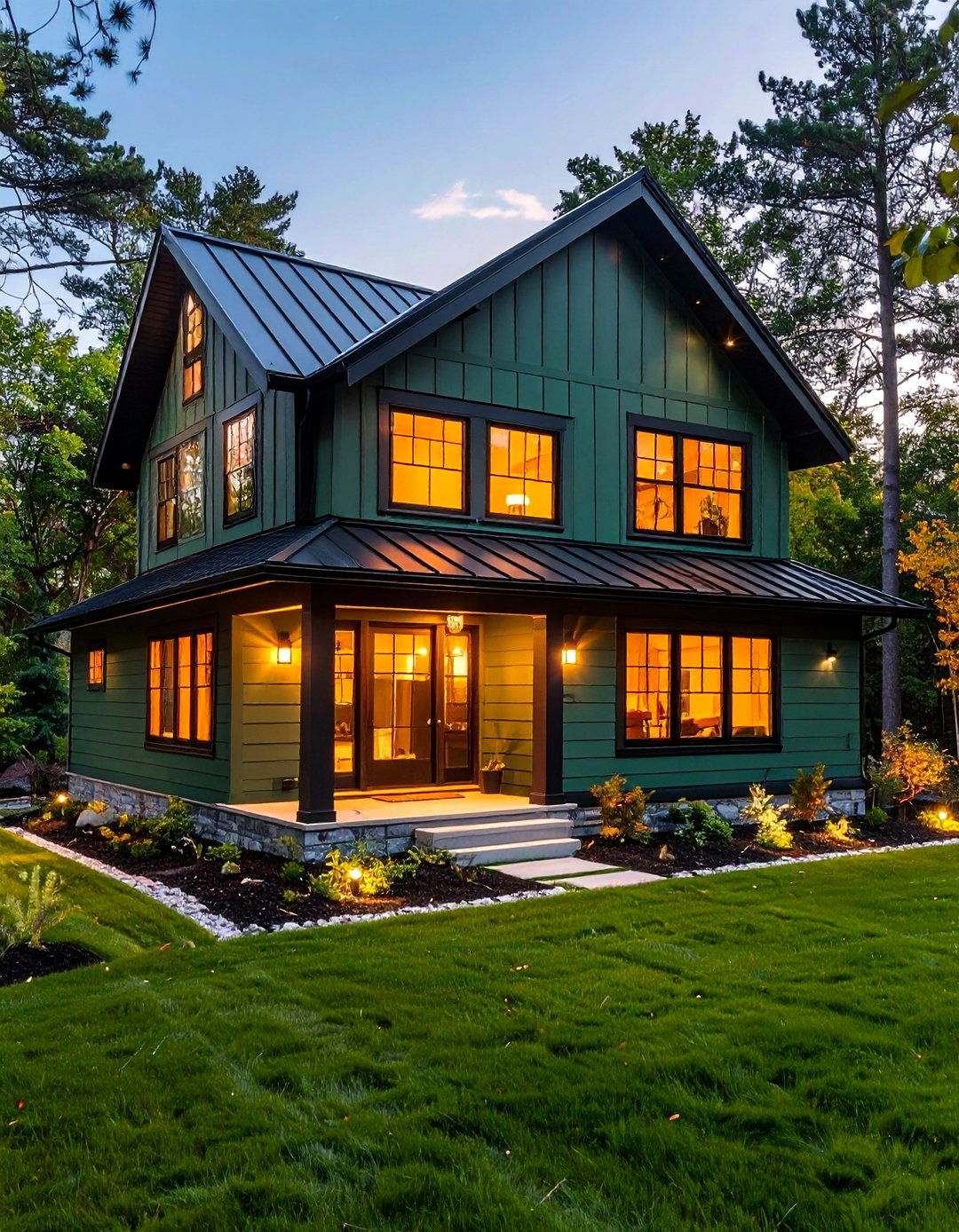 Night Time Drama with Layered Lighting - 20 Forest Green House With Black Trim