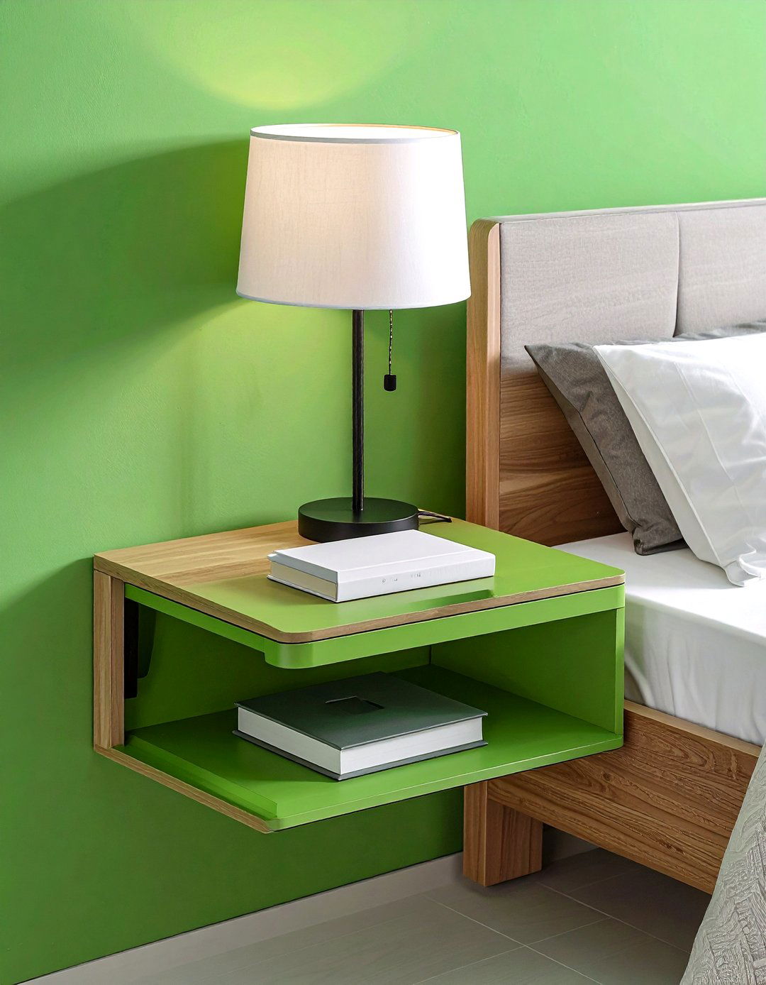 Nightstand Style Floating Shelves Beside the Bed - 20 Floating Shelves Ideas