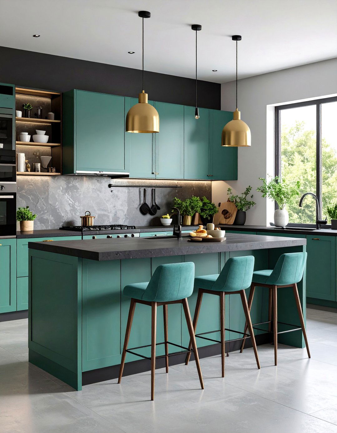 Noir Concrete Counter Kitchen with Herb Green Banquette - 20 Black and Green Kitchen Ideas