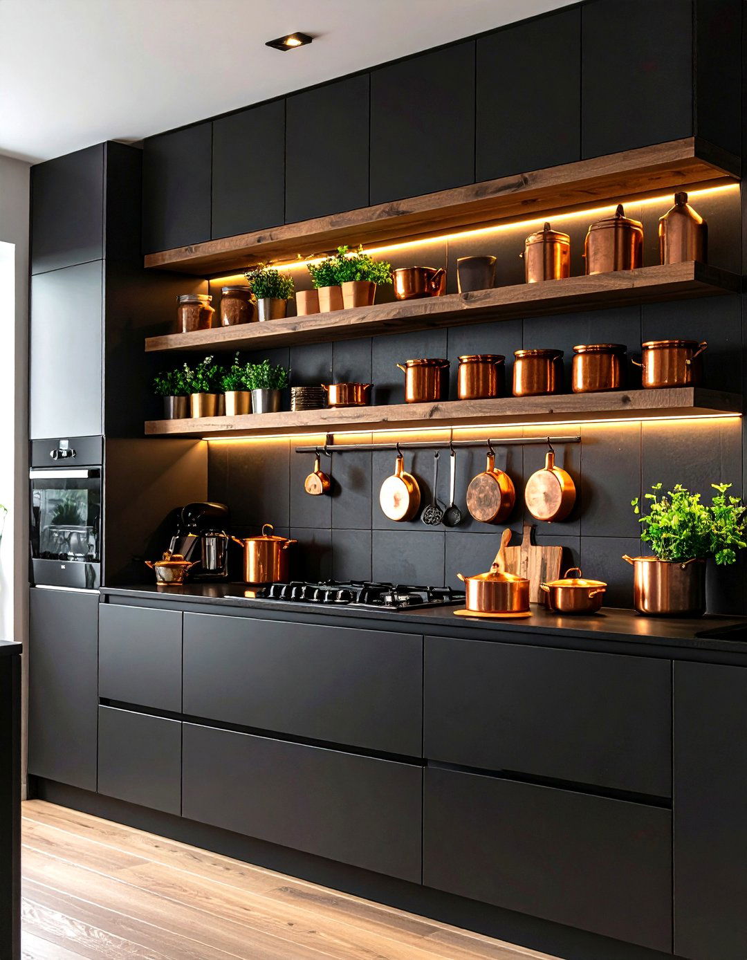 Noir Tile Backsplash and Chestnut Open Shelf Kitchen - 20 Black and Brown Kitchen Ideas