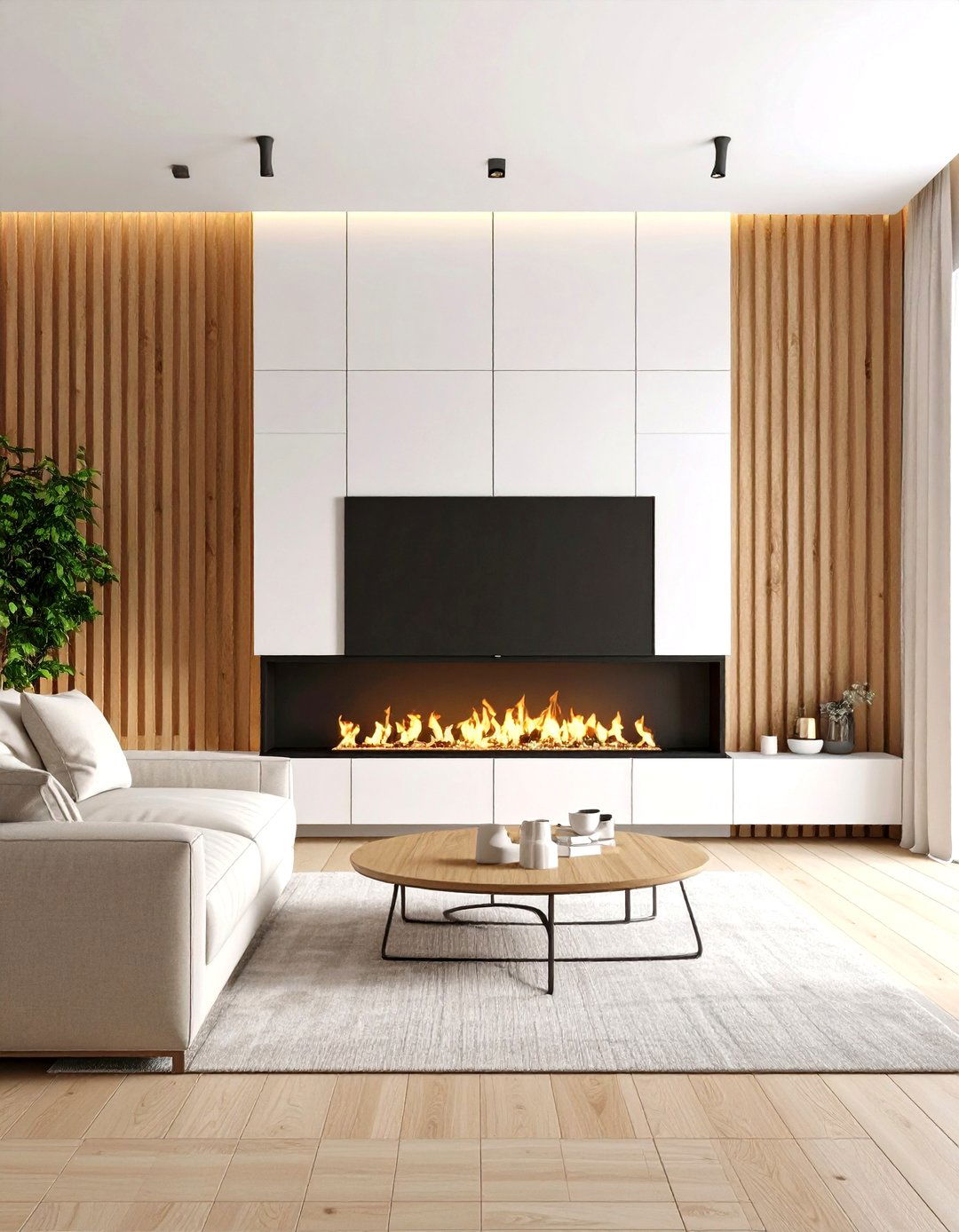 Oak Slat Scandinavian Electric Fireplace Feature - 20 Electric Fireplace Ideas With Tv Above