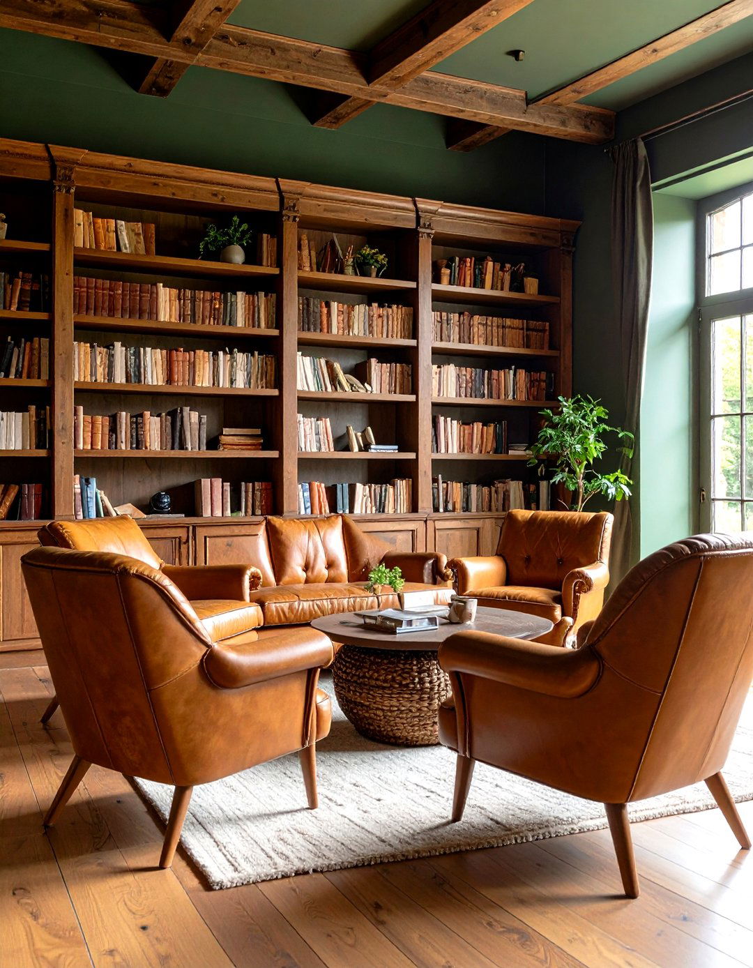 Oak Trimmed Olive Home Library Warmth - 20 Dark Green Home Library Ideas and Inspiration