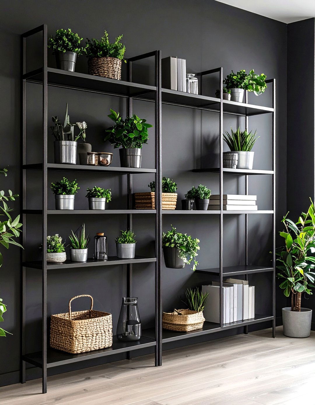 Offset a Black Accent Wall With Pewter Floating Shelves - 20 Gray and Black Kitchen Ideas