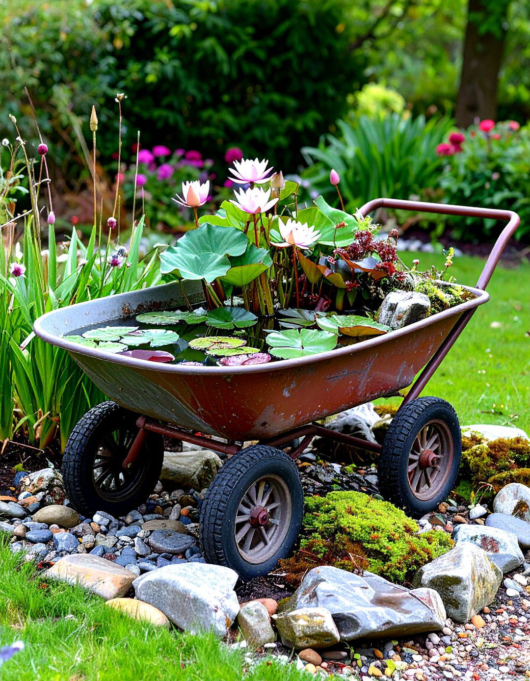 Old Wheelbarrow Miniature Pond Feature - 20 Old Wheelbarrow Ideas
