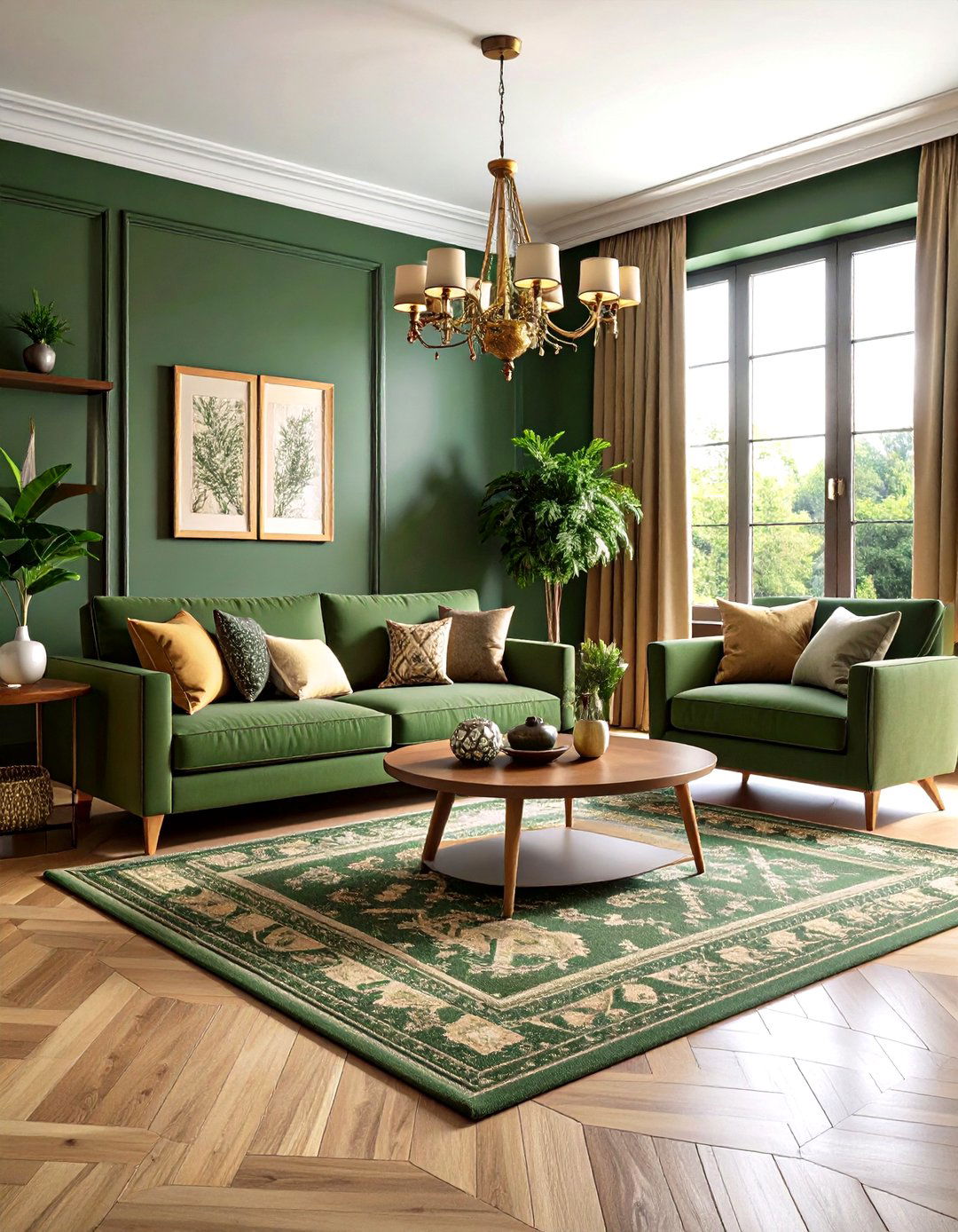 Olive Drab Rug to Ground the Scheme - 20 Dark Green Living Room Ideas