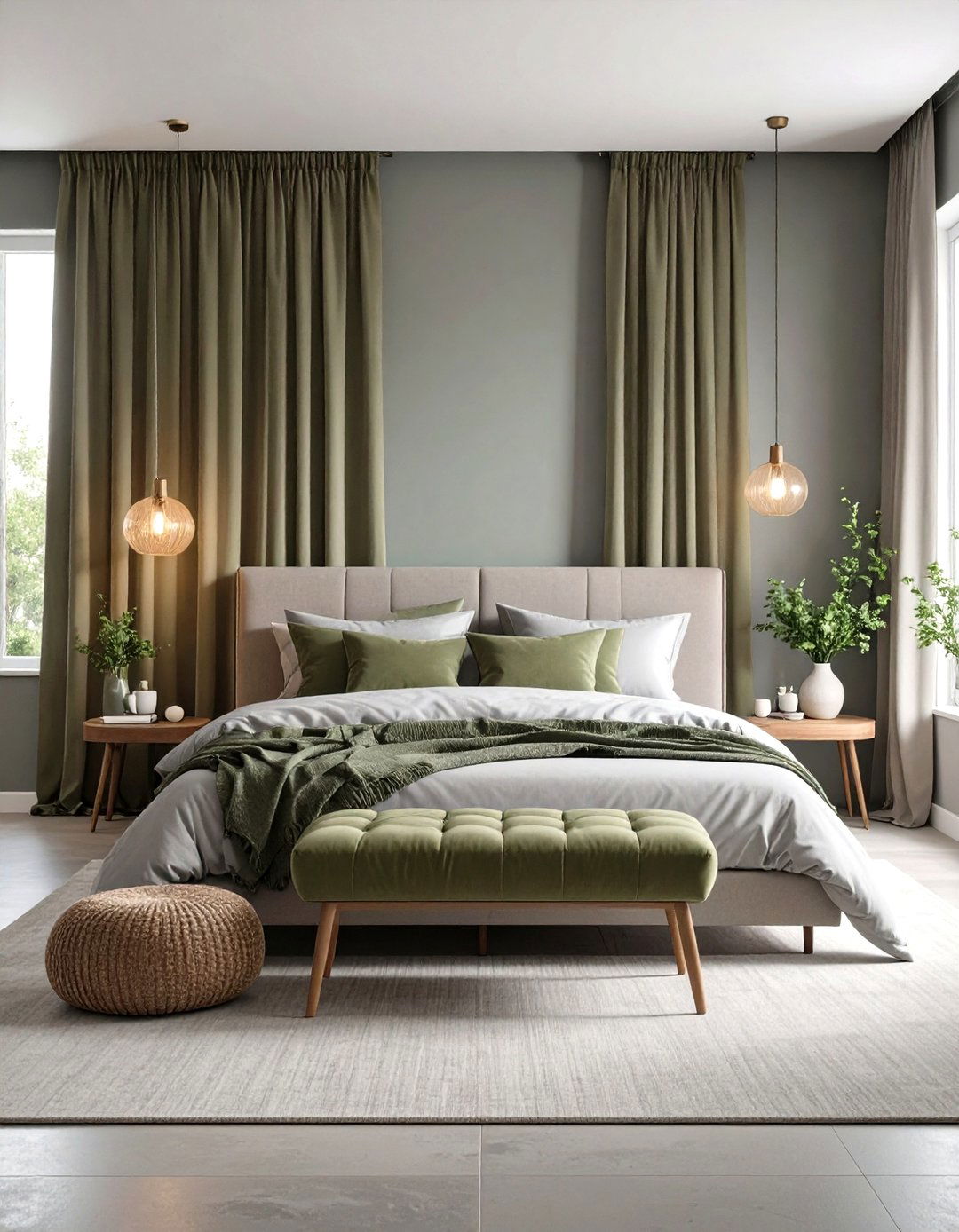 Olive Drapes over Cloud Grey Canvas - 20 Green and Grey Bedroom Ideas