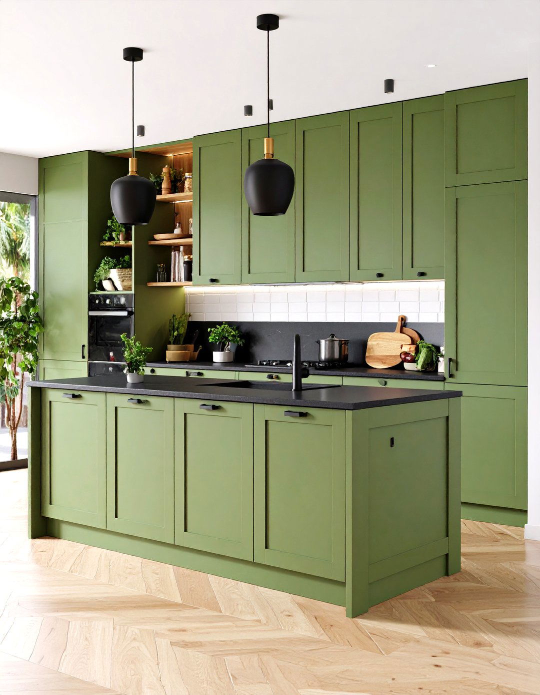 Olive Elegance With Matte Hardware - 20 Green Kitchen Cabinets With Black Countertops