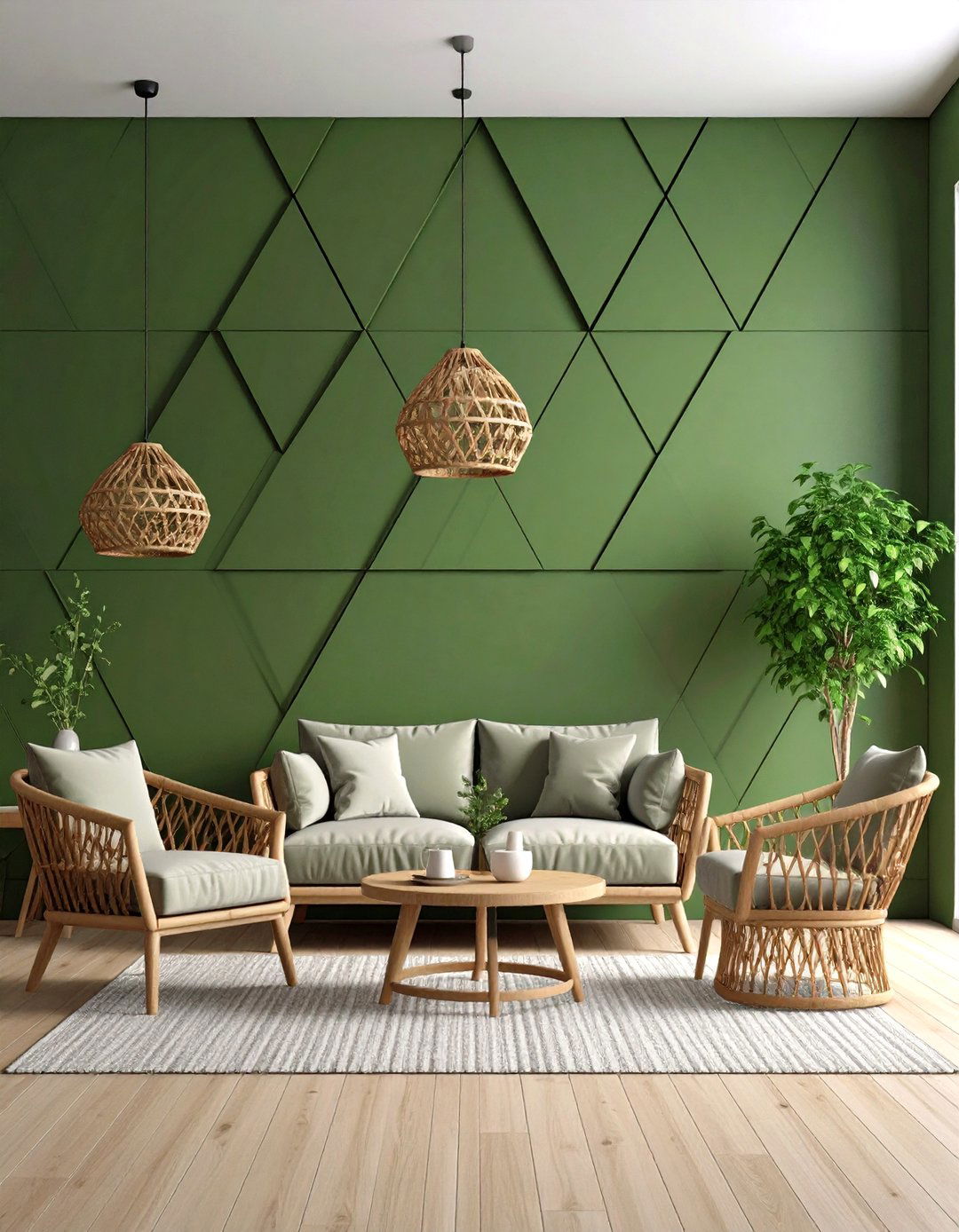 Olive Geometric Green Accent Wall for Playful Depth - 20 Green Accent Wall Ideas