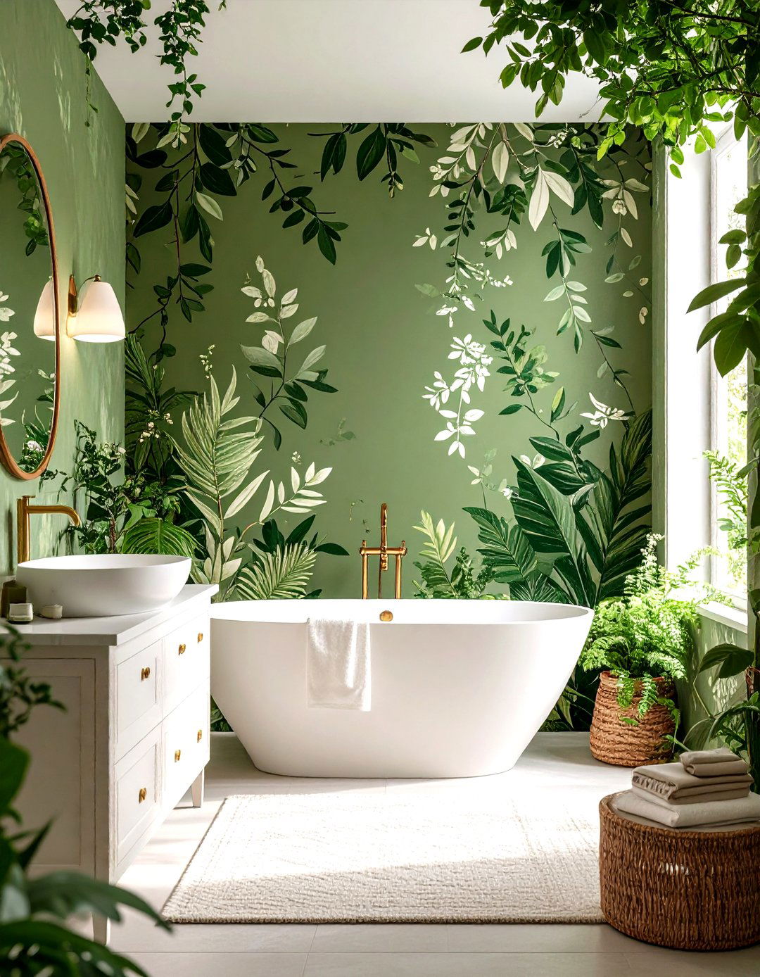 Olive Green Bathroom Botanical Wallpaper Feature - 20 Olive Green Bathroom Ideas