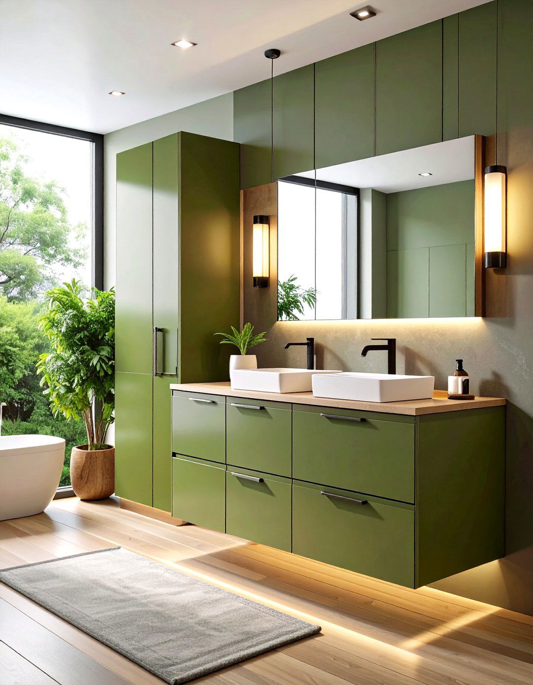 Olive Green Bathroom Cabinets with Floating Design - 20 Olive Green Bathroom Ideas