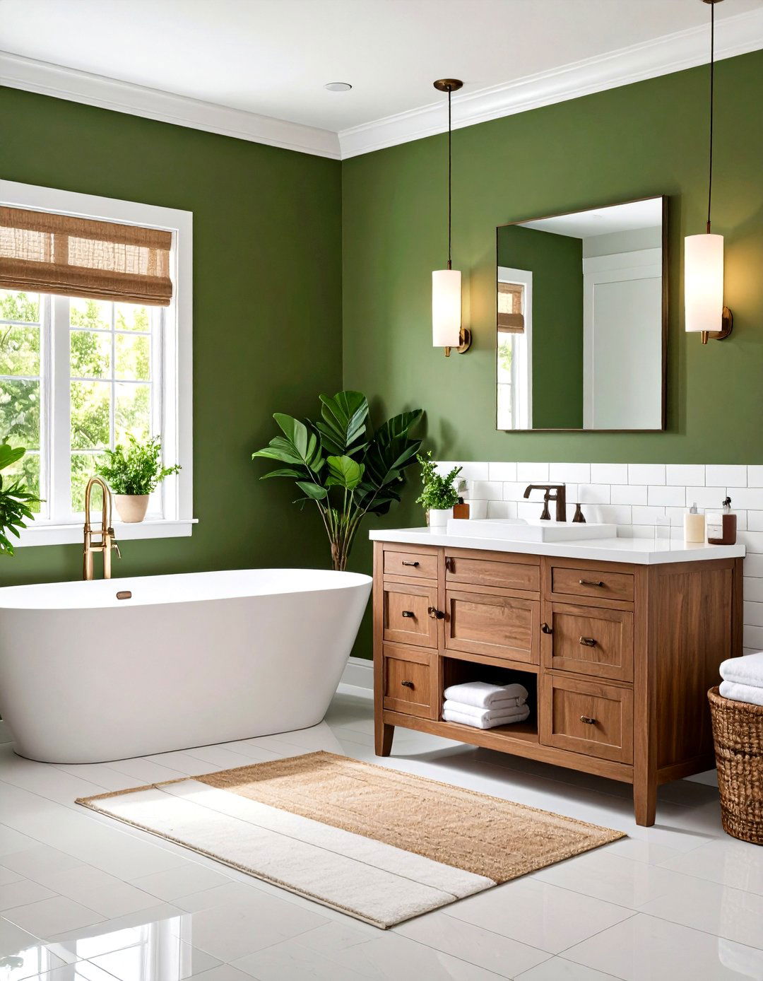 Olive Green Bathroom Paint with White Subway Tiles - 20 Olive Green Bathroom Ideas