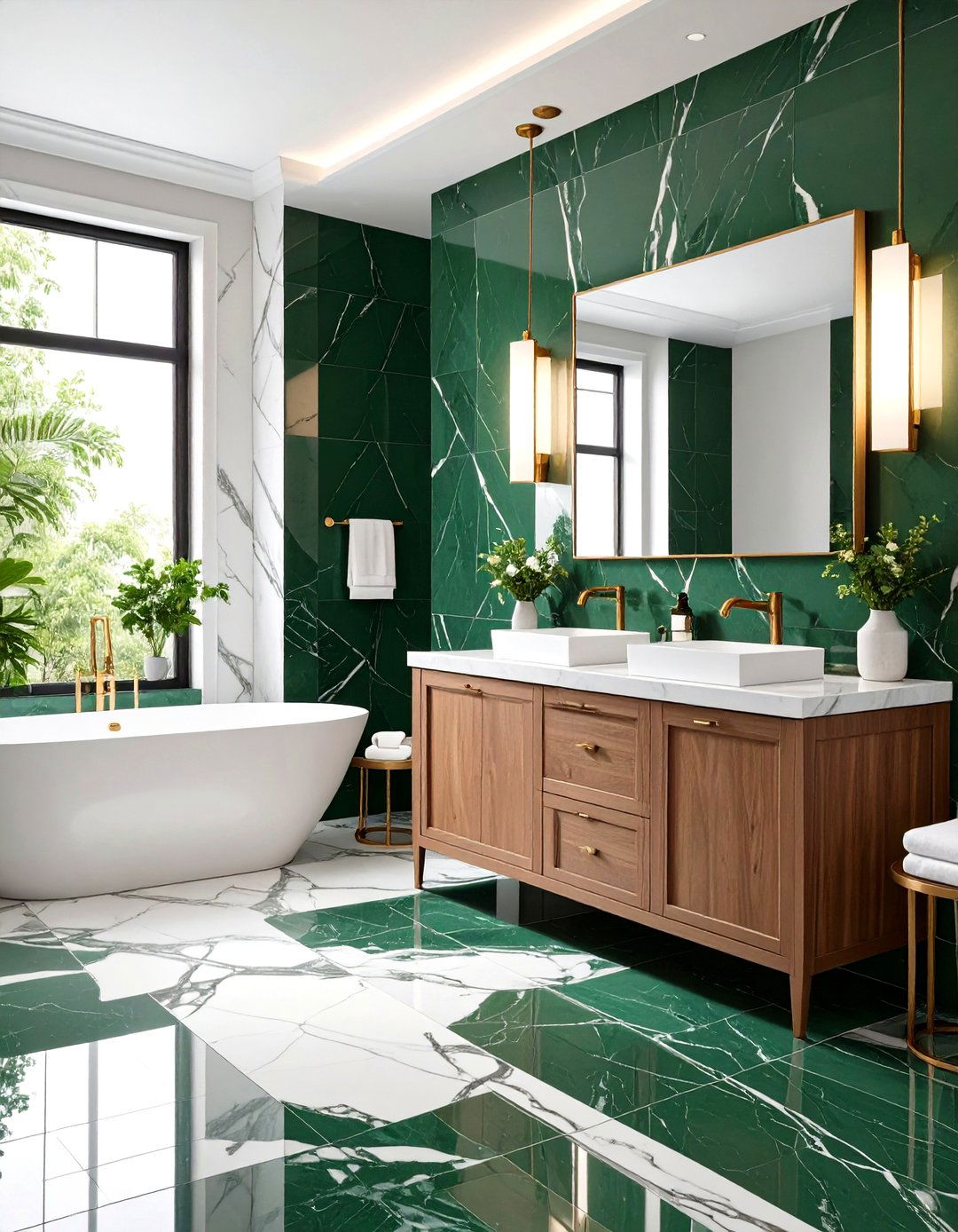 Olive Green Bathroom Tiles with Marble Accents - 20 Olive Green Bathroom Ideas