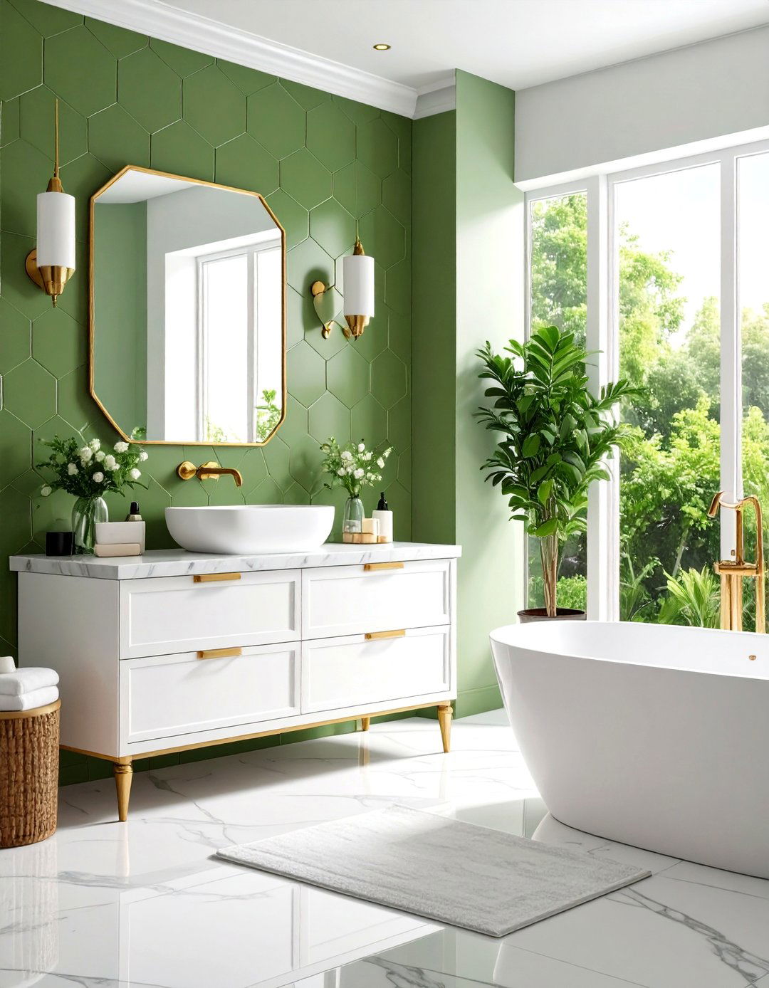 Olive Green Bathroom Tiles with White Fixtures - 20 Olive Green Room Ideas