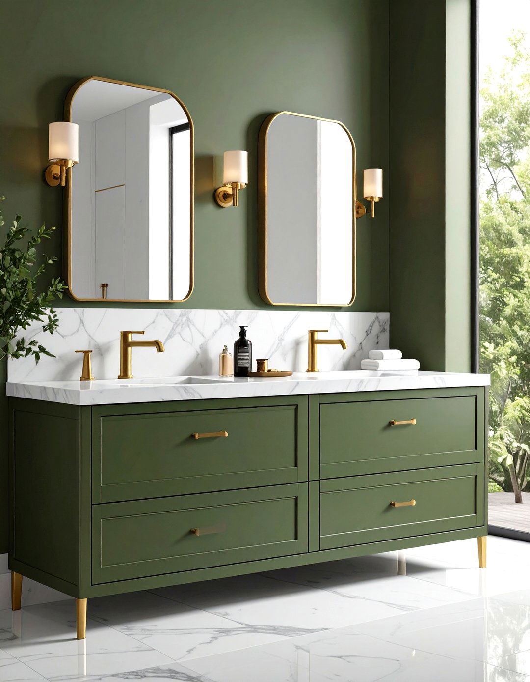 Olive Green Bathroom Vanity with Brass Hardware - 20 Olive Green Bathroom Ideas