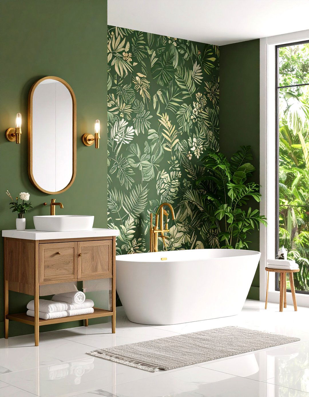 Olive Green Bathroom Wallpaper Accent Wall - 20 Olive Green Bathroom Ideas