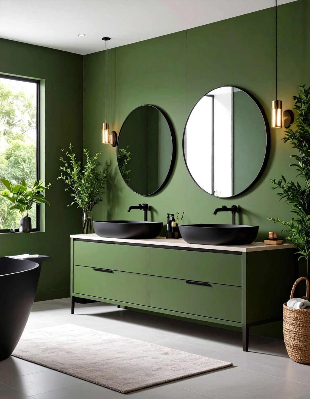 Olive Green Bathroom with Black Hardware Contrast - 20 Olive Green Bathroom Ideas
