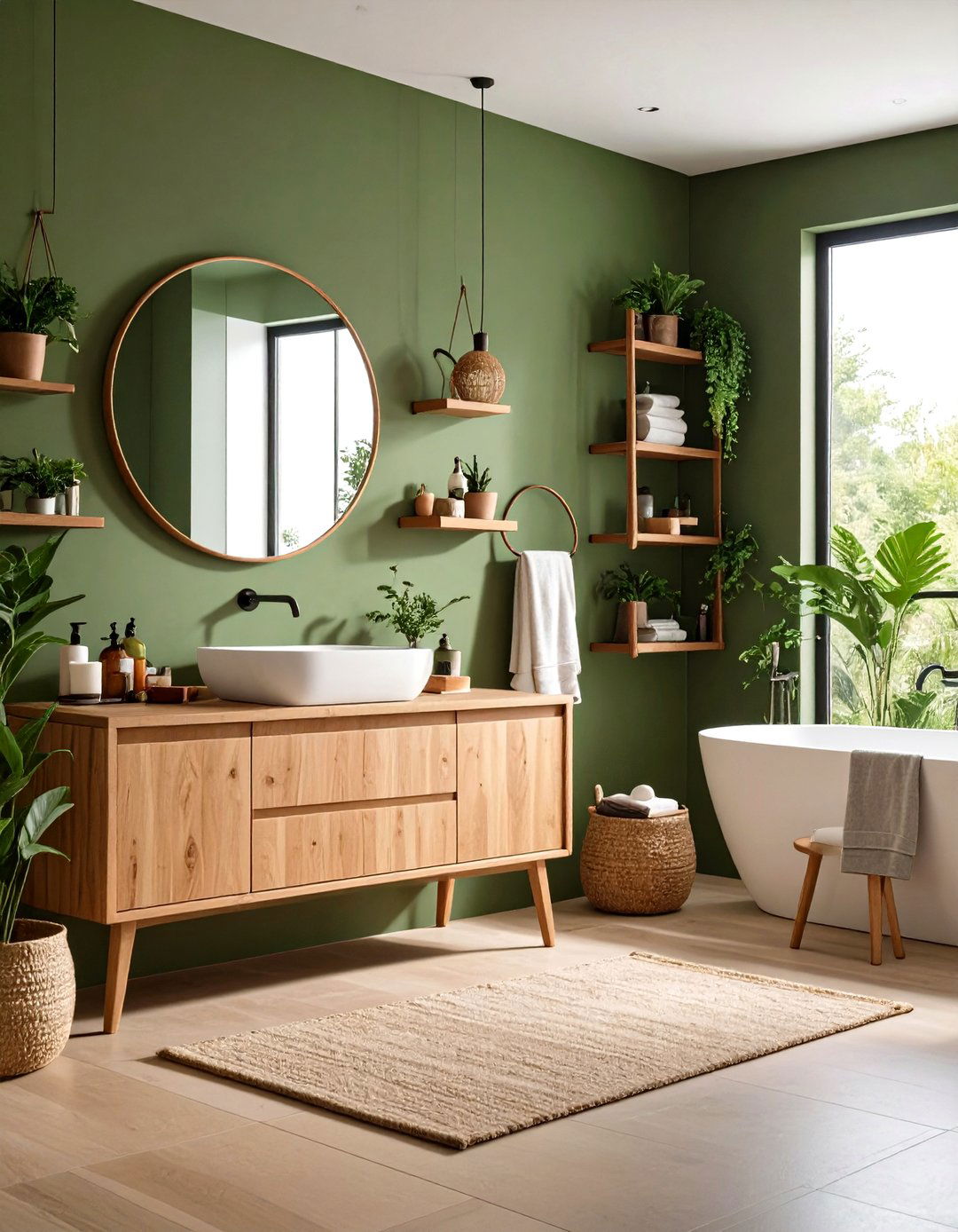 Olive Green Bathroom with Natural Wood Accents - 20 Olive Green Bathroom Ideas