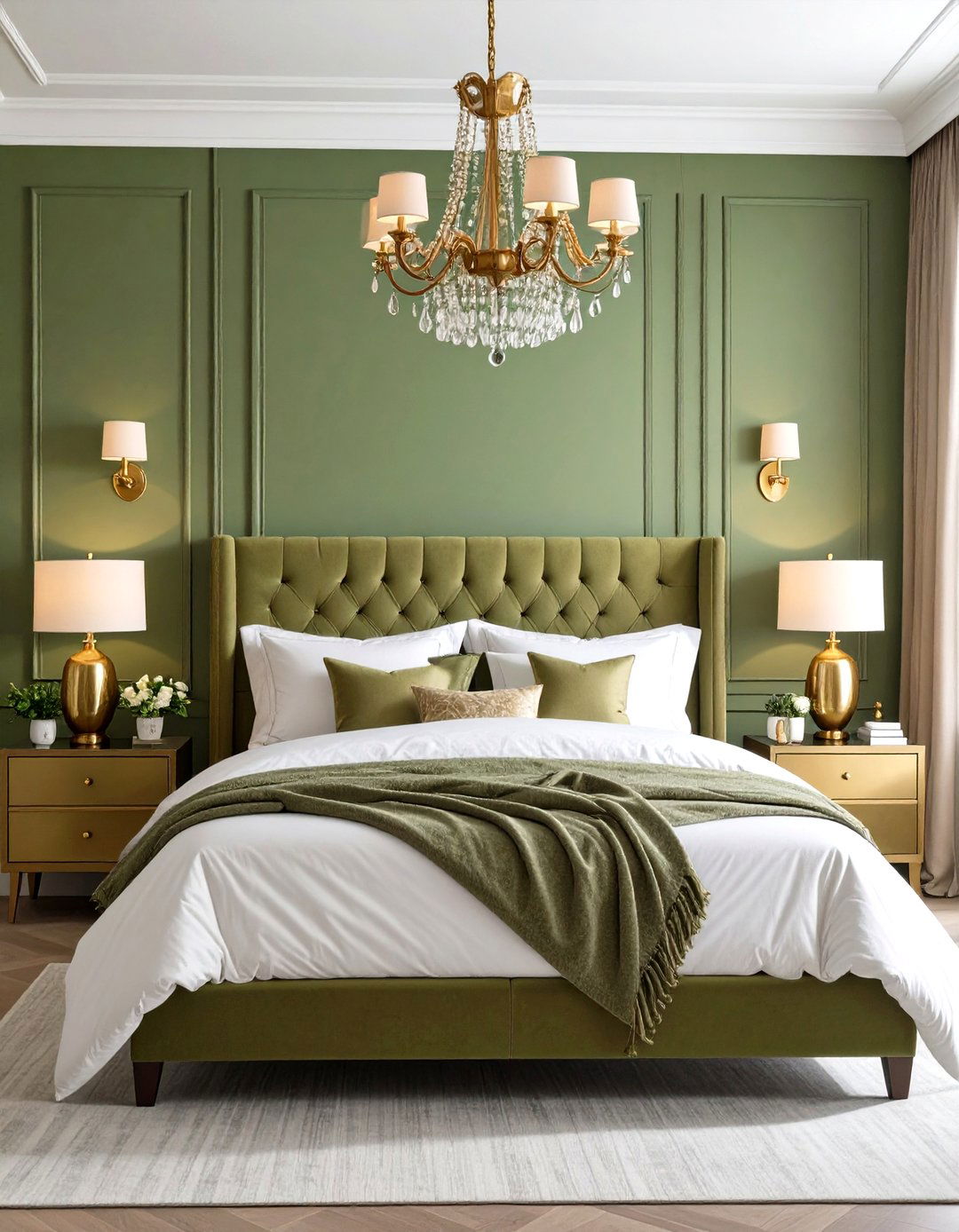 Olive Green Bedroom with Brass and Warm Metallic Fixtures - 20 Olive Green Bedroom Ideas