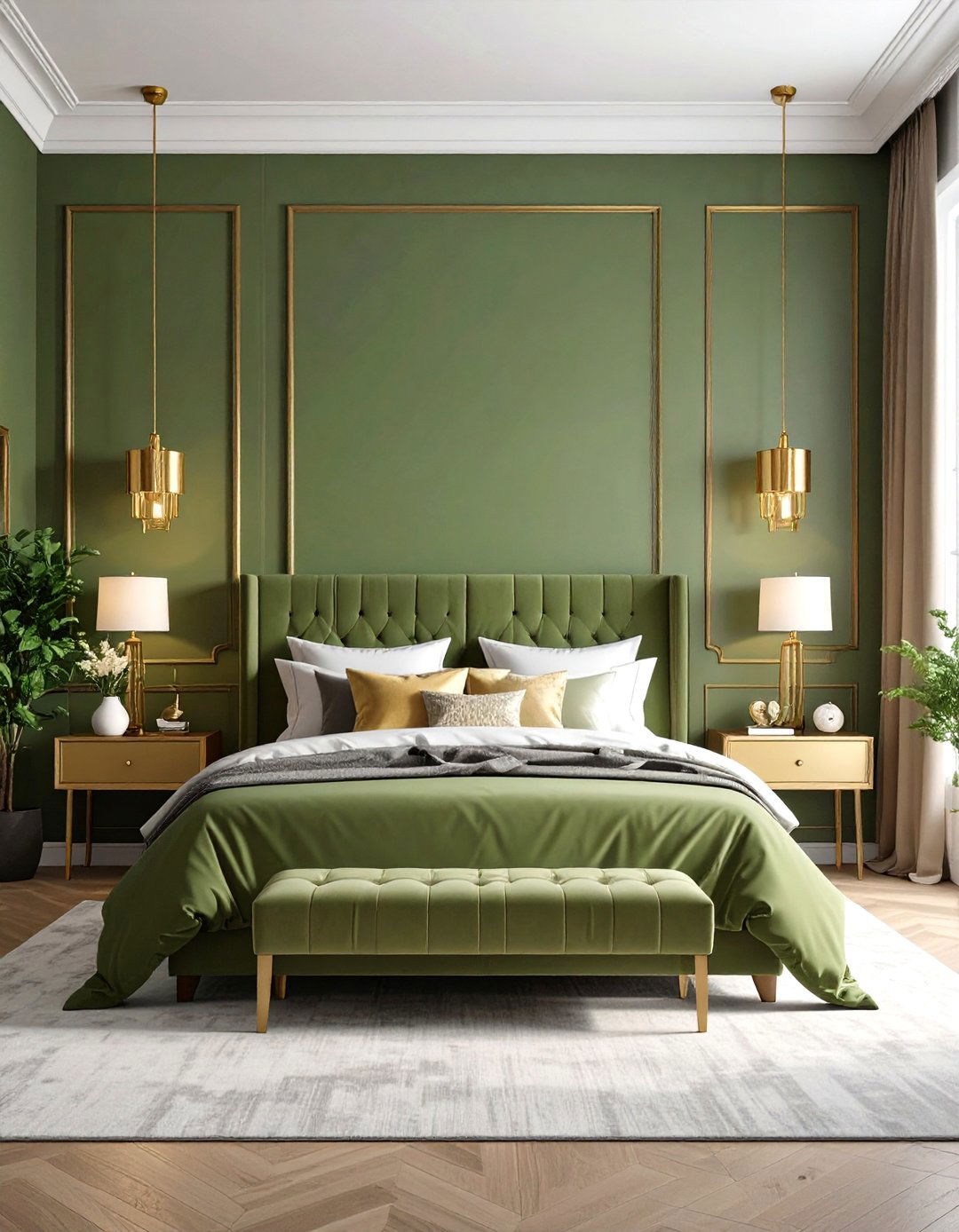 Olive Green Bedroom with Luxurious Gold Metallic Accents - 20 Olive Green Bedroom Ideas