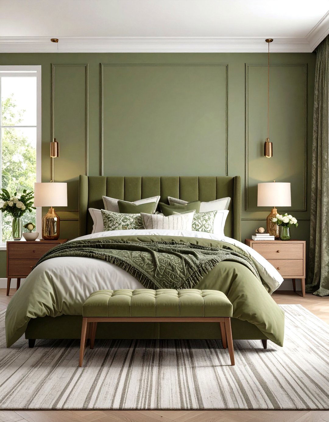 Olive Green Bedroom with Mixed Pattern and Texture Play - 20 Olive Green Bedroom Ideas