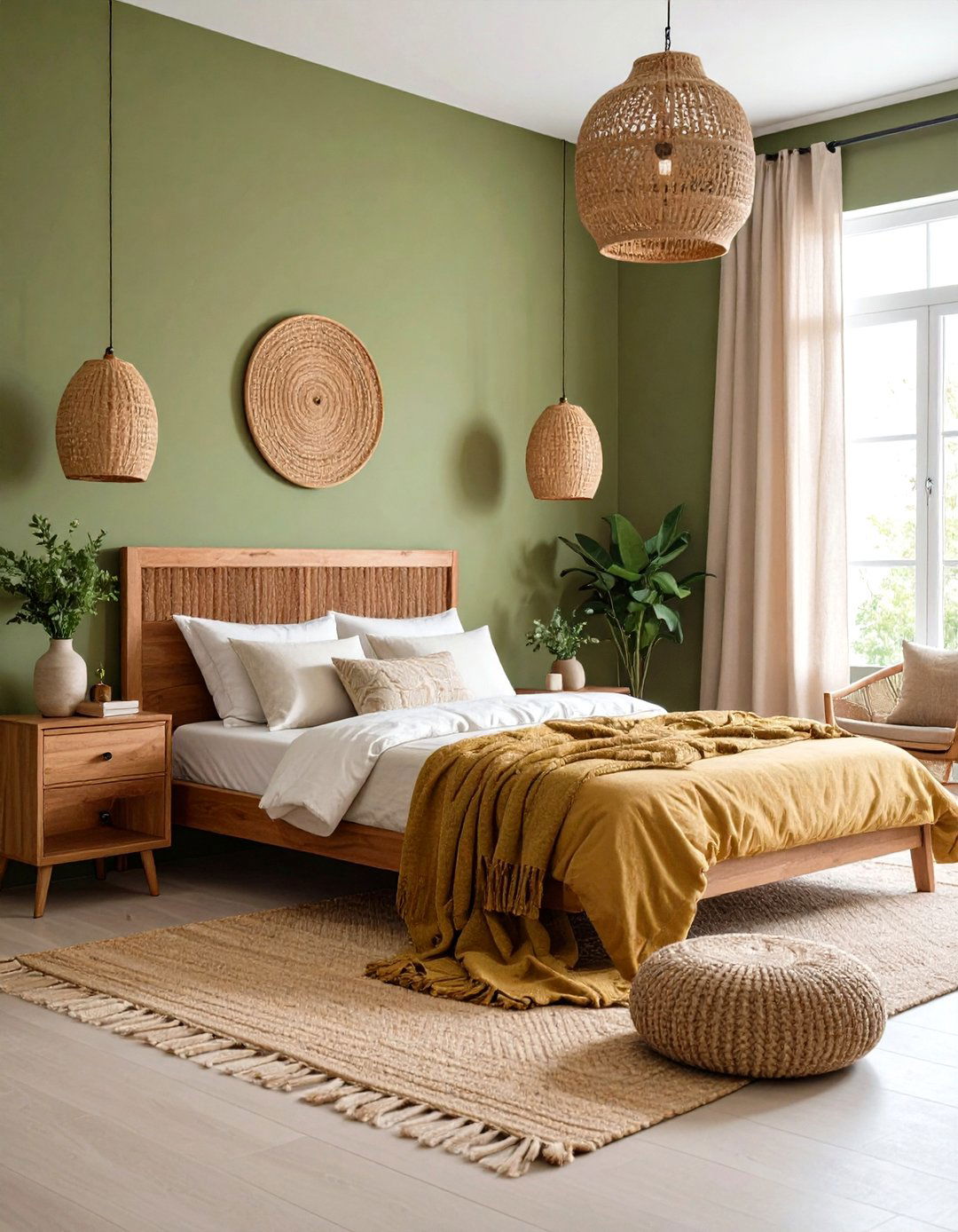 Olive Green Bedroom with Natural Wood Tones - 20 Olive Green Room Ideas