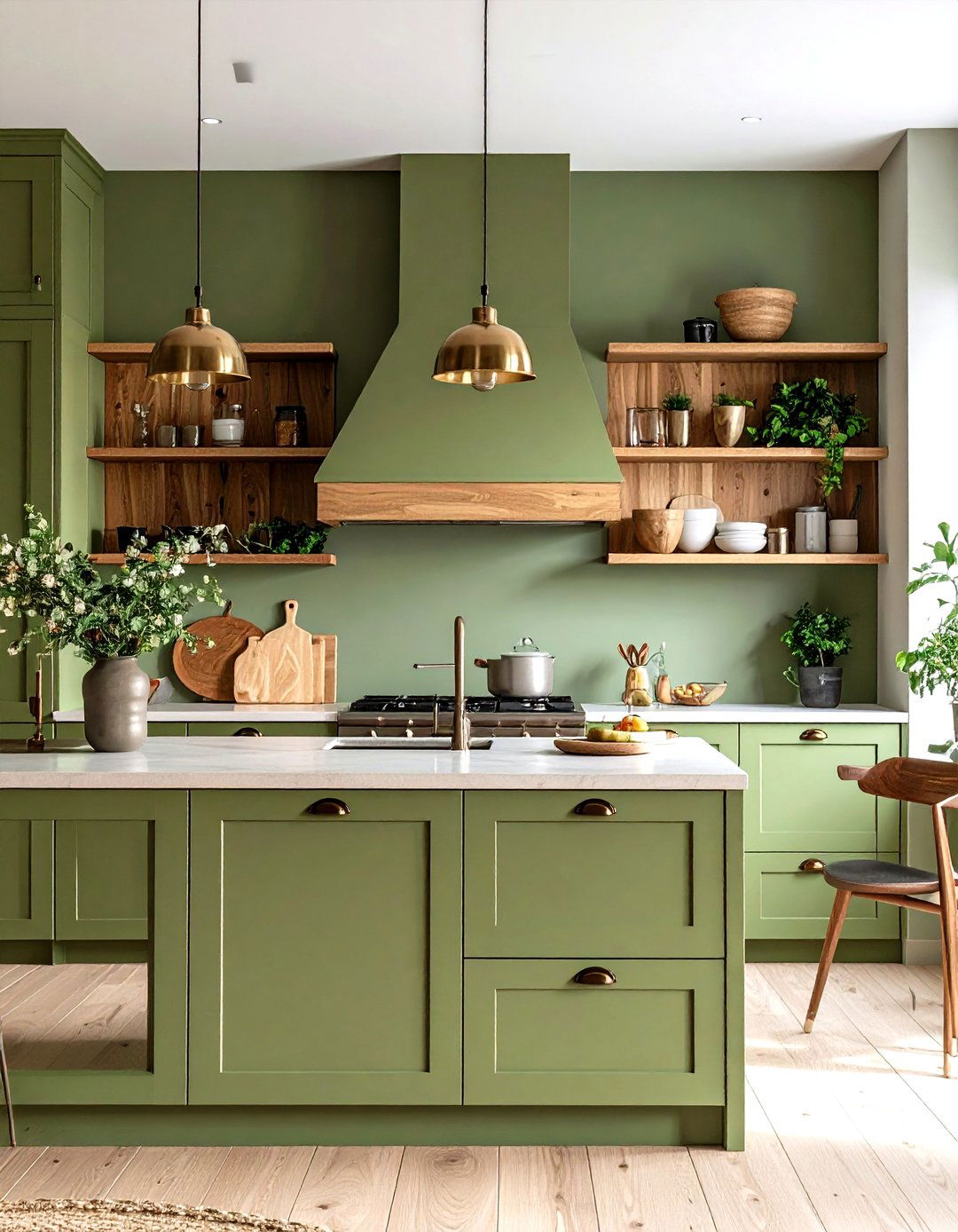 Olive Green Cabinets with Wood Warmth - 20 Green Kitchen Cabinet Ideas