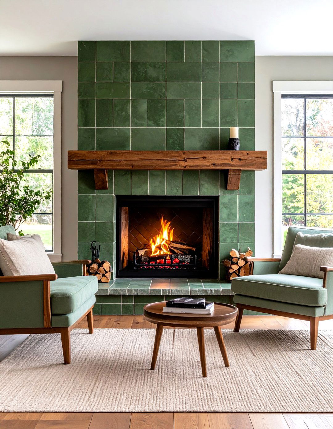 Olive Green Ceramic Tile Fireplace - 20 Green Fireplace Ideas