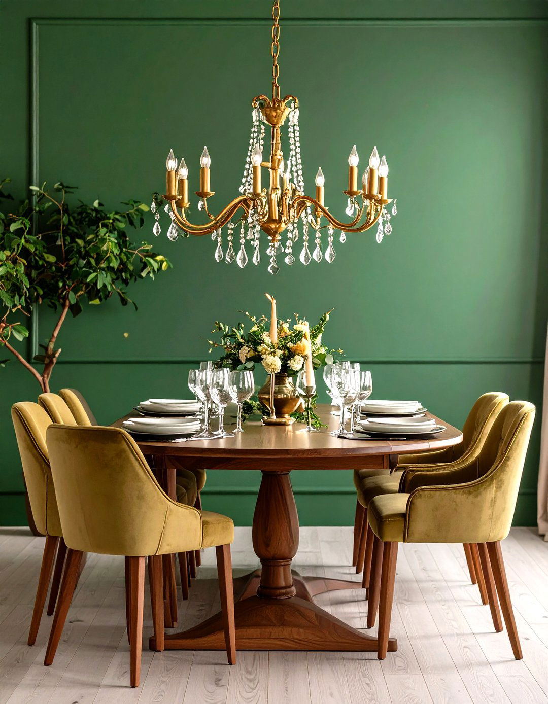 Olive Green Dining Room with Statement Chandelier - 20 Olive Green Room Ideas