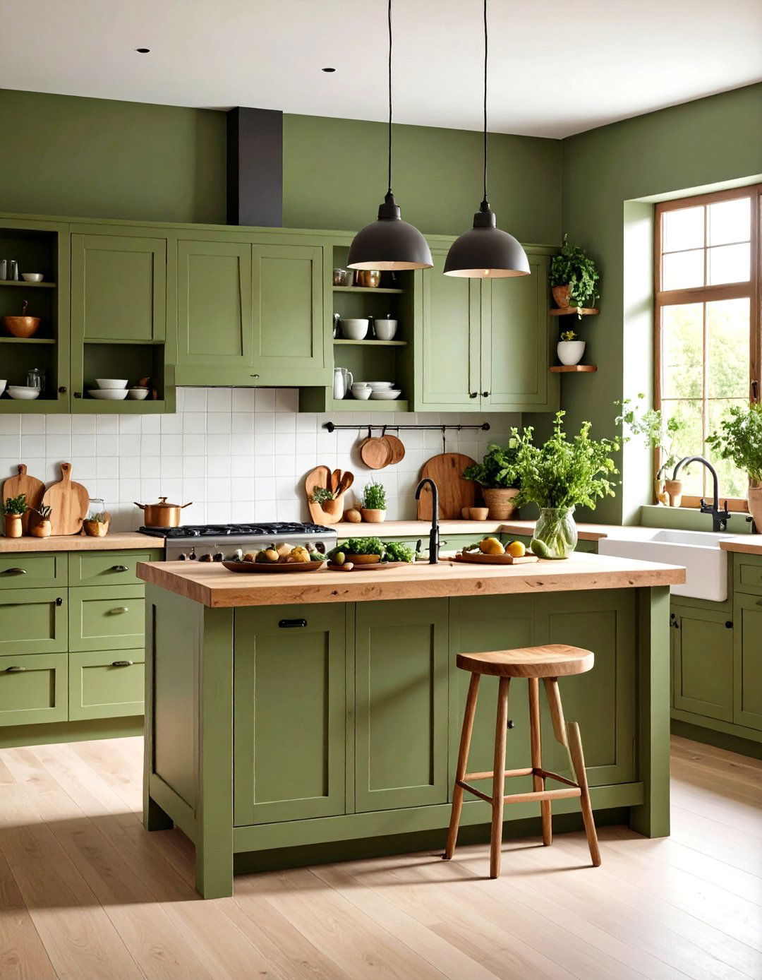 Olive Green Farmhouse Kitchen with Butcher Block Island - 20 Olive Green Kitchens