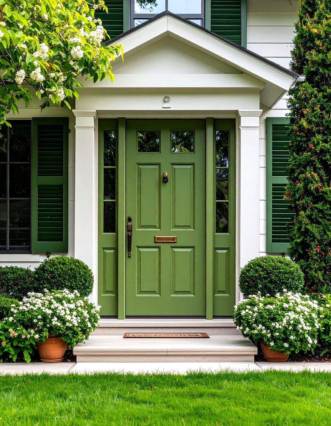 Olive Green Front Door with Matching Window Shutters - 20 Olive Green Front Door Ideas