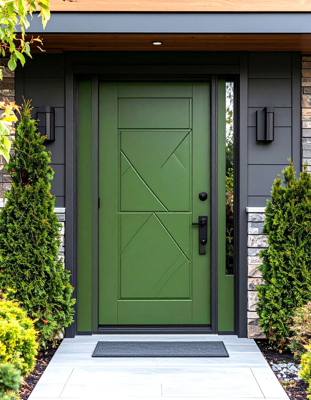 Olive Green Front Door with Modern Geometric Panels - 20 Olive Green Front Door Ideas
