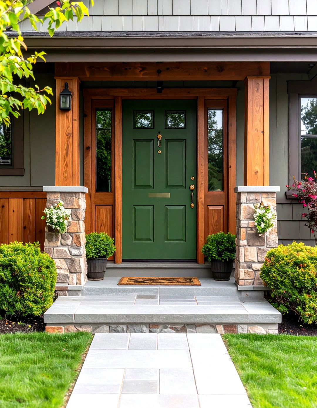 Olive Green Front Door with Natural Wood Stain Combination - 20 Olive Green Front Door Ideas