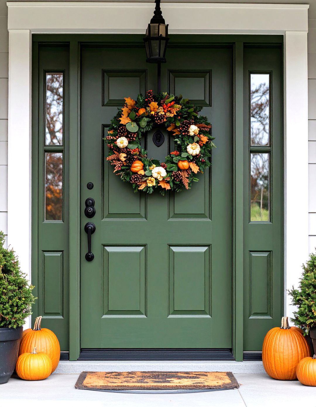 Olive Green Front Door with Seasonal Wreath Display - 20 Olive Green Front Door Ideas