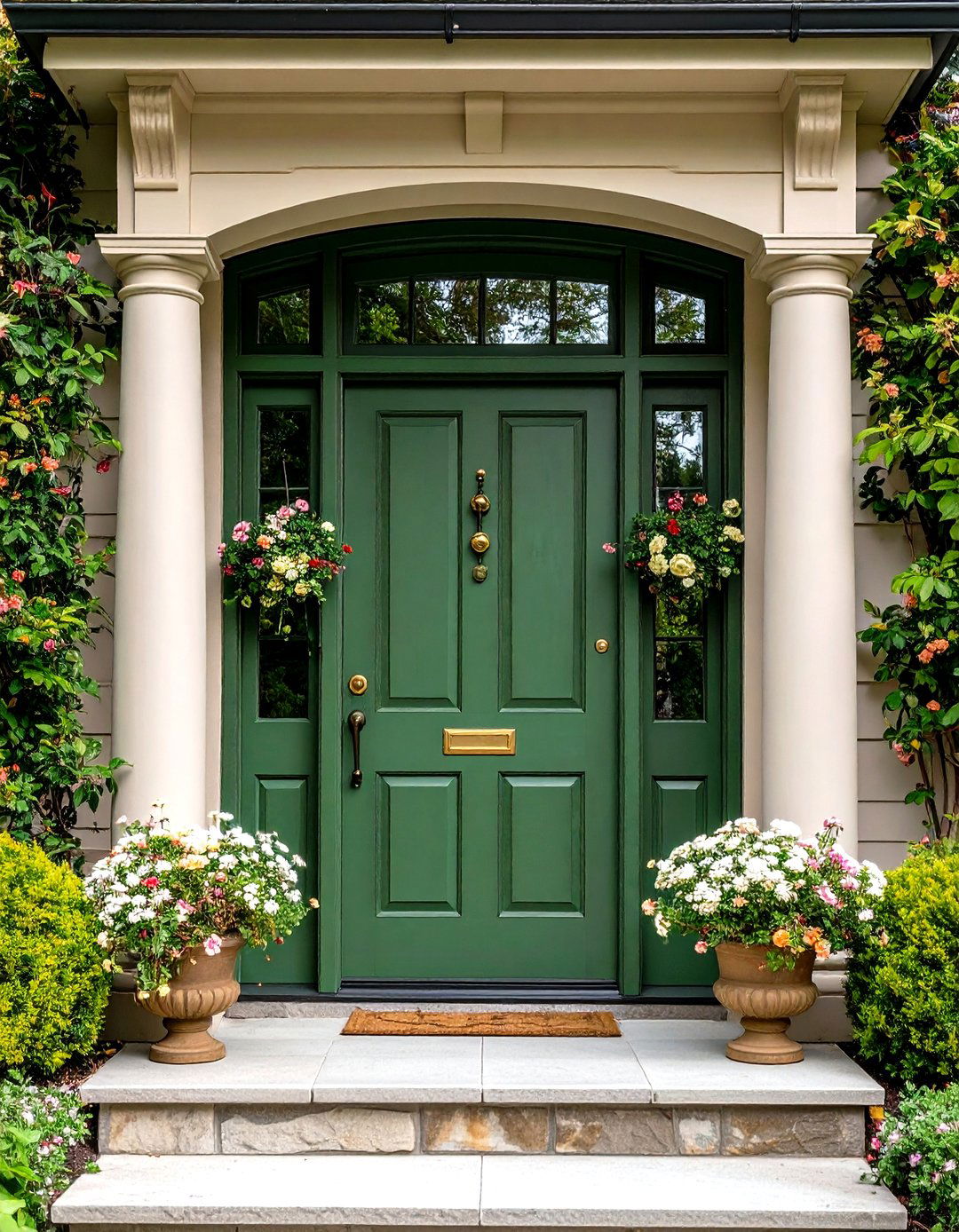 Olive Green Front Door with Sidelights and Transom - 20 Olive Green Front Door Ideas