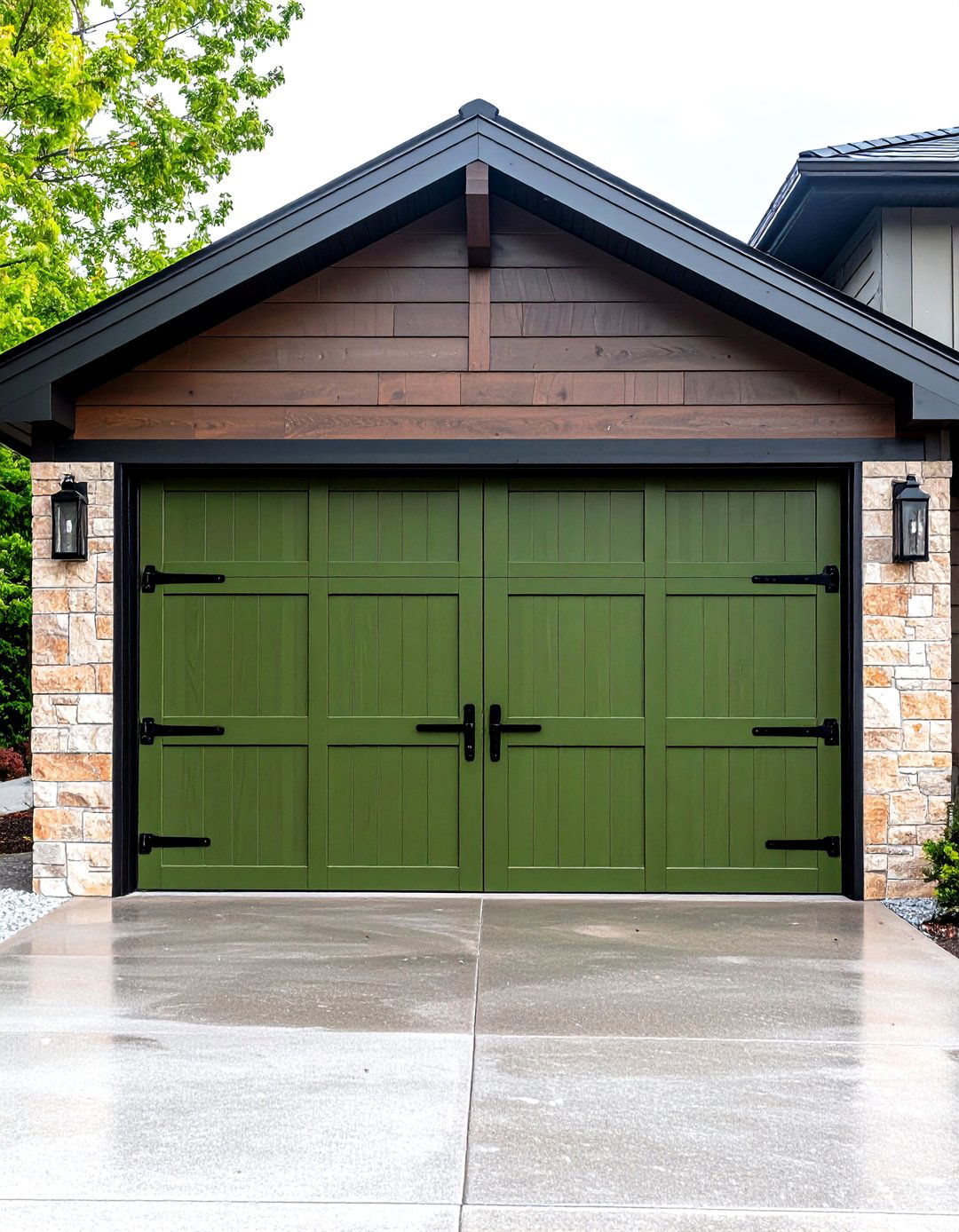 Olive Green Garage Door with Matte Black Hardware - 20 Green Garage Door Ideas