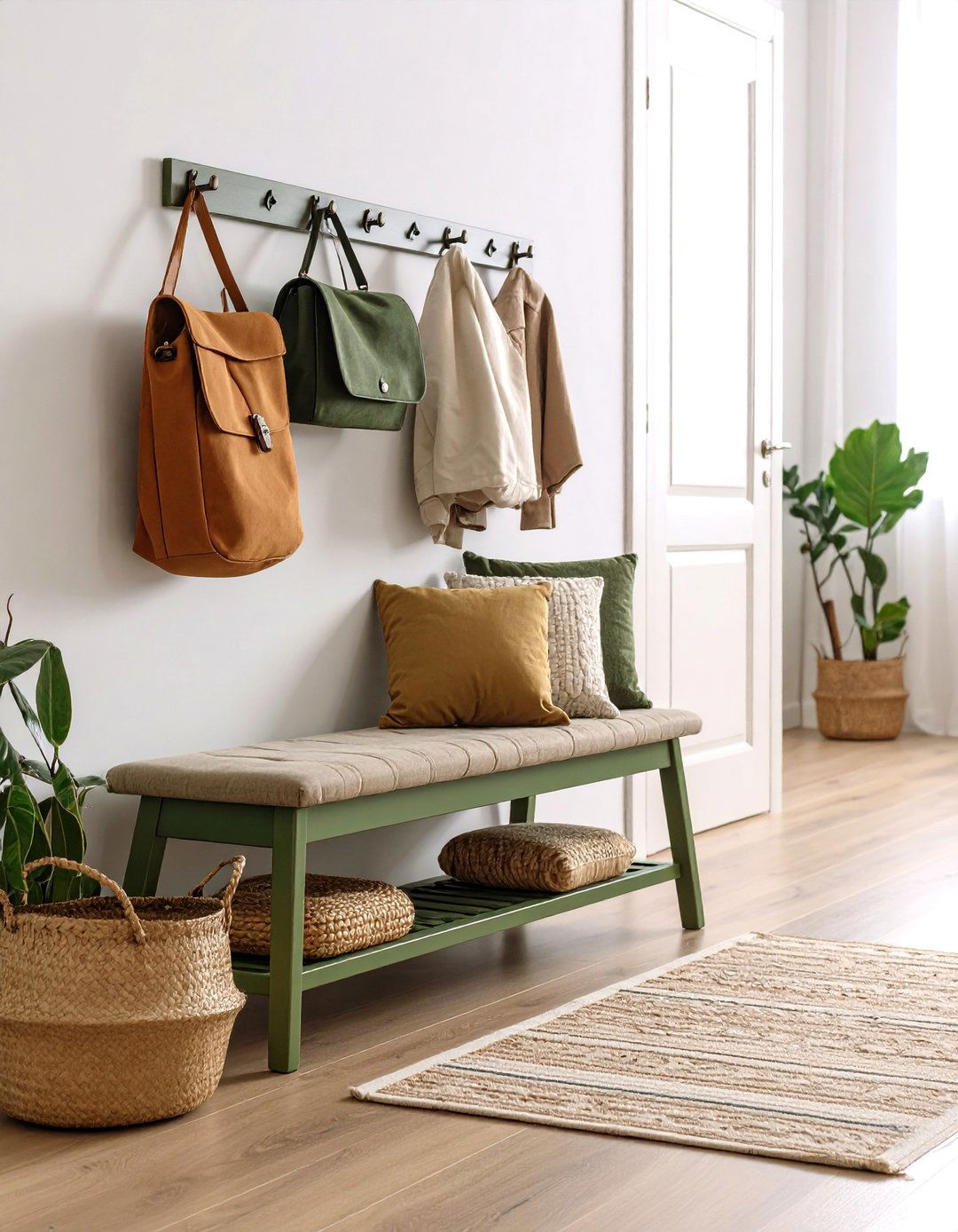 Olive Green Hallway Bench with Hidden Storage - 20 Green Hallway Ideas
