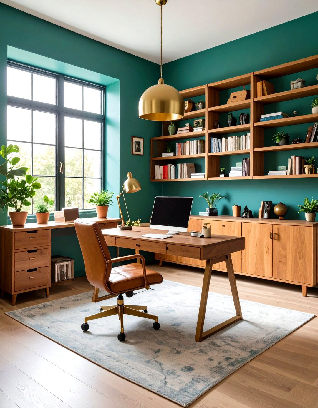 Olive Green Home Office with Built in Shelving - 20 Olive Green Room Ideas