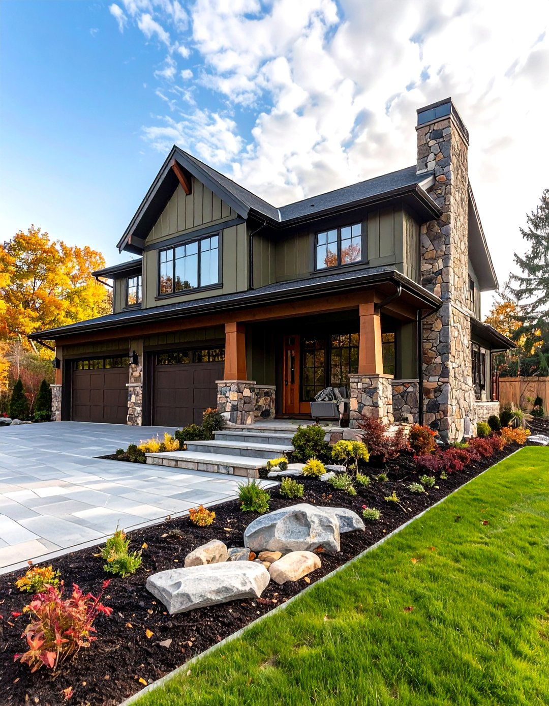 Olive Green House Exterior with Natural Stone Foundation - 20 Olive Green House Exterior Ideas