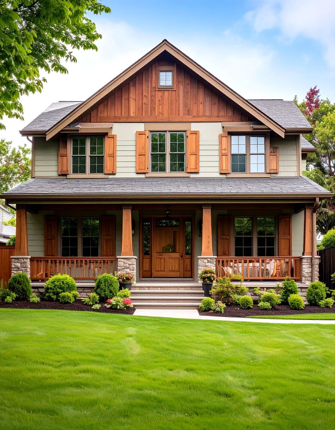 Olive Green House Exterior with Natural Wood Shutters - 20 Olive Green House Exterior Ideas