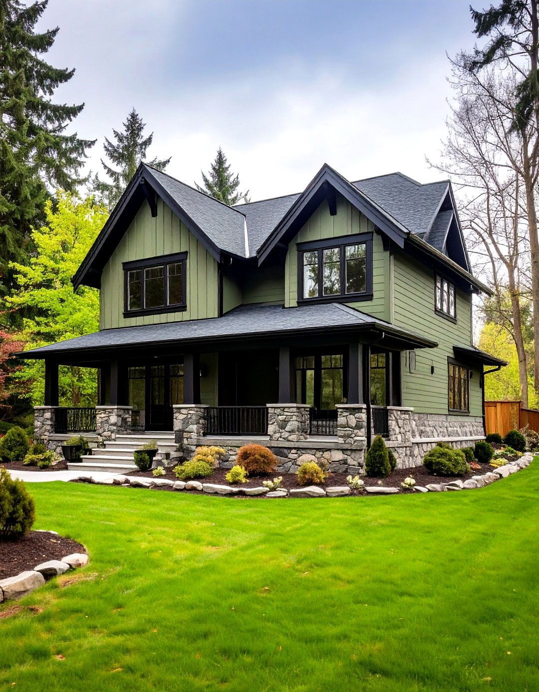Olive Green House with Black Trim - 20 Sage Green House With Black Trim Ideas