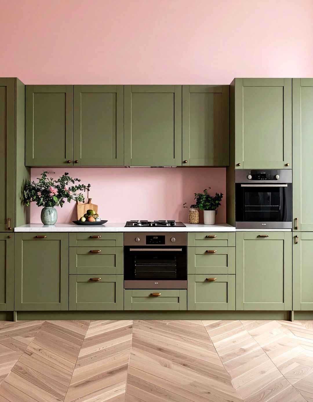 Olive Green Kitchen Cabinets with Pink Accent Walls - 20 Olive Green Kitchens