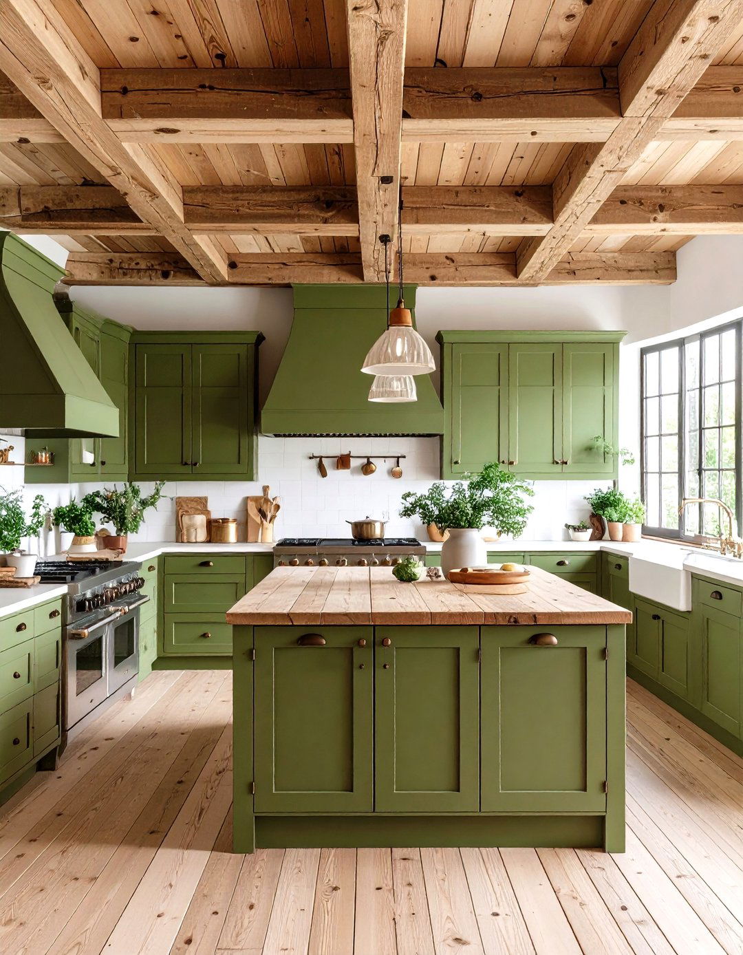 Olive Green Kitchen Cabinets with Wood Beam Ceiling - 20 Olive Green Kitchens