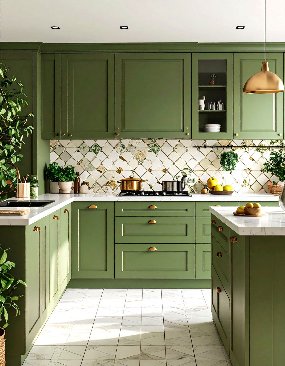 Olive Green Kitchen Cabinets with Zellige Tile Backsplash - 20 Olive Green Kitchens