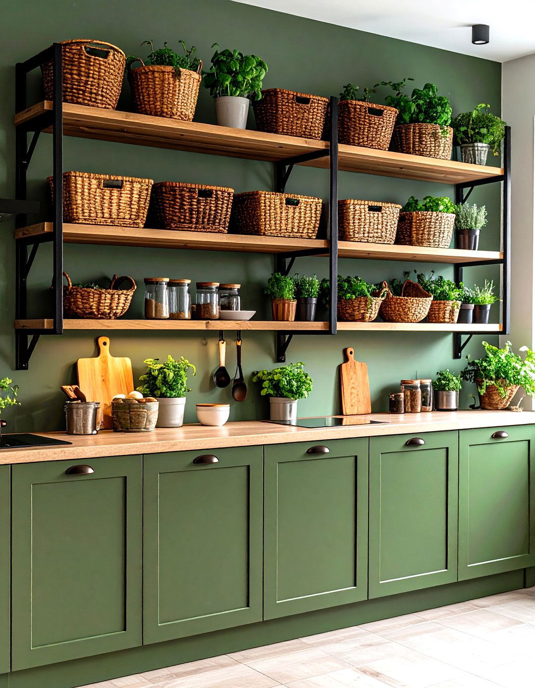 Olive Green Kitchen Open Shelving with Brown Rattan Baskets - 20 Green and Brown Kitchen Ideas