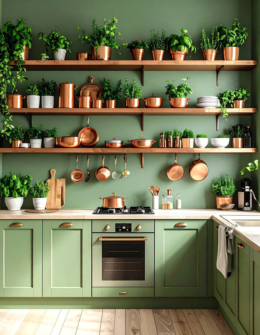Olive Green Open Kitchen Shelves Displaying Copper Cookware - 20 Green and Copper Kitchen Ideas