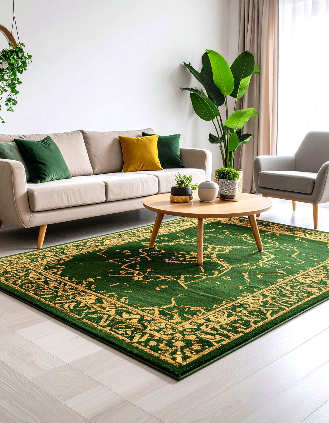 Olive Green Rug with Gold Abstract Patterns in a Living Room - 20 Green and Gold Living Room Ideas